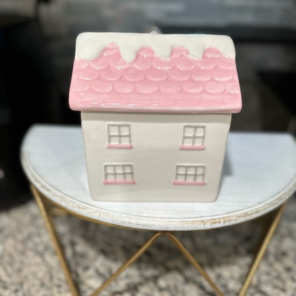 New Ceramic Peppermint & Pine Pink Christmas House Cookie Jar Canister Gift - Picture 3 of 8